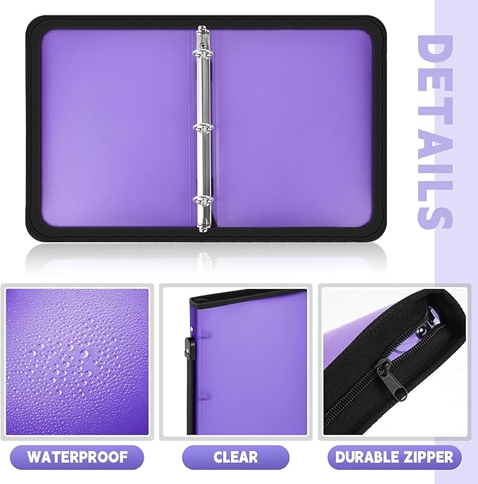 Teling 4 Pcs 1 Inch Purple Zipper Binder with 3 Ring Zipper Binder, Refillable Plastic Clear File Organizer Planner for Projects, Assignments, Memos, School Work, 11.3 x 9.3 Inches
