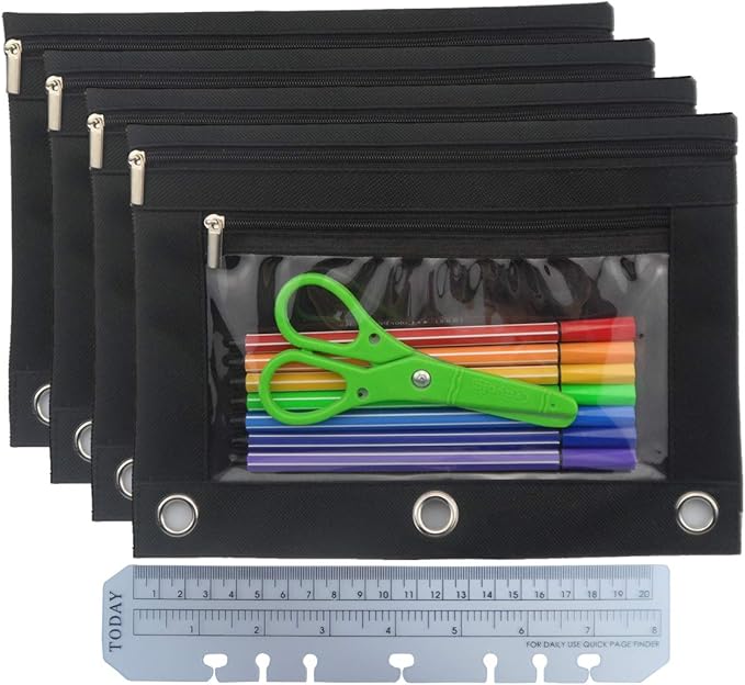 Enyuwlcm 3 Ring Binder Pencil Pouch with Durable Zipper Binder Pencil Case with Clear Window 2 Pocket Black Canvas 4 Pack