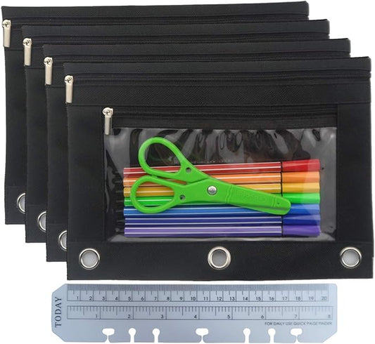 Enyuwlcm 3 Ring Binder Pencil Pouch with Durable Zipper Binder Pencil Case with Clear Window 2 Pocket Black Canvas 4 Pack