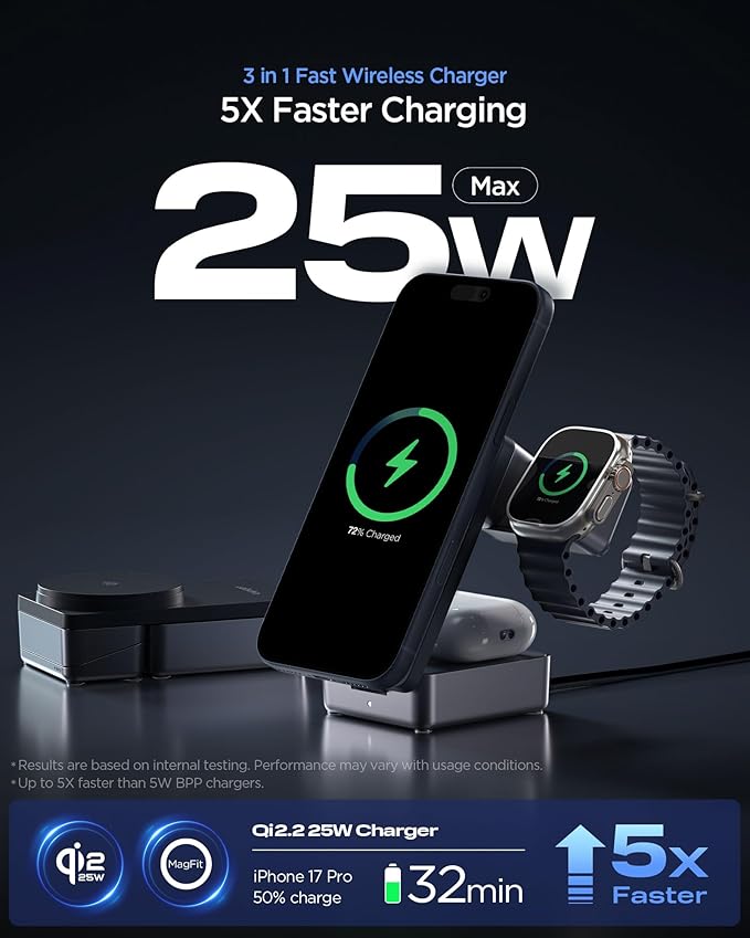 Spigen for Fast Wireless Charger Qi2.2 25W 3 in 1 Foldable Portable MagSafe Charger, Compatible with iPhone 17/16/15/14/13/12, AirPods 4/3 & Pro 3/2/1, Apple Watch, Galaxy S26 Series, Galaxy Watch