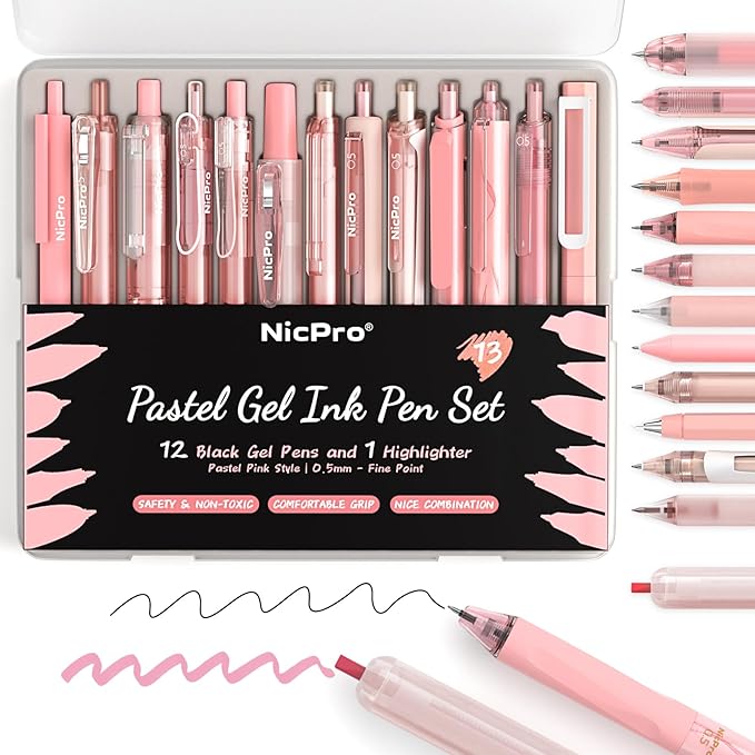 Nicpro 13 Pack Pink Gel Pens Set, Fine Tip Black Ink Pen with 1 Highlighter, Cute Pen for Journaling, Back to School Office Supplies for Teacher Student Gift, Pink Desk Accessories for Girl Stationery