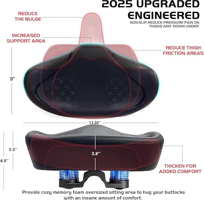 Noseless Bike Seat Cushion for Men & Women - Extra Padding & Comfort Wide Bicycle Seat, Oversized Comfortable Saddle for Peloton Bikes, Exercise Bikes, Electric Bikes, Cruiser Bikes