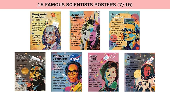 1step2dream Science Poster Classroom Set: 15 Vibrant 11x14 Educational Wall Art Featuring Famous Scientists - Ideal for Middle School, Science Labs & Bulletin Boards
