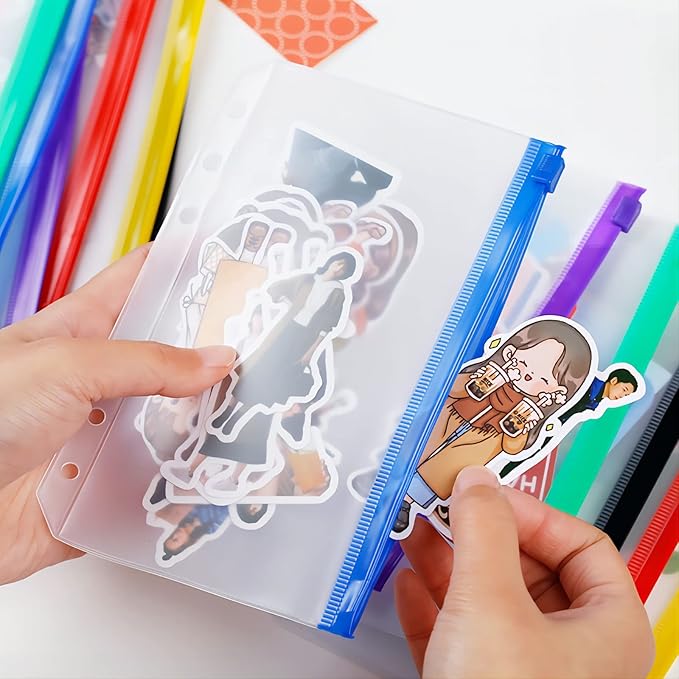 60pcs Binder Pockets 6 Holes Zipper Folders Clear PVC Card Loose Leaf Bags Cash Envelopes for Budgeting Binder Waterproof Document Filing Bags for 6 Ring Notebook Planner Inserts