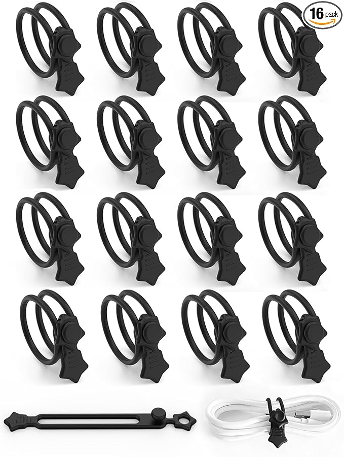 16 Pack Silicone Cable Ties, Reusable Star Design Cord Organizer Straps With 2 Binding Methos, Durable & Stretchable Wire Management for Home, Office, Travel (Black)