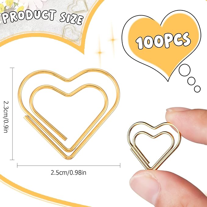 Cute Metal Heart Paper Clips: Love Shape Gold Binder Paperclips Mini Bookmark 100Pcs Document Note Sorting Organizer for Wedding Decorative Office Supplies
