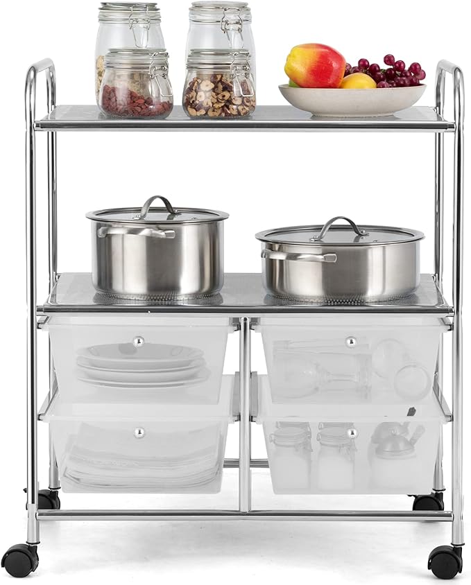 COSTWAY 4-Drawer Storage Cart, Mobile Storage Organizer w/Steel Frame & 360° Wheels, 4-Drawer Utility Cart for Living Room, Kitchen, Bathroom & Office (Clear)