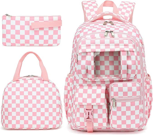 Girls School Backpack Set - Teens Kids School Bag Bookbag with Lunch Box Pencil Case for Elementary Middle School (Checkered Pink)