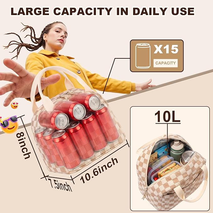 LEDAOU Insulated Lunch Bag women Corduroy Small Lunch Box for Women with Front Pocket Leakproof Cooler Checkered Cute Adult Gilrs Lunch Box for Work School Picnic