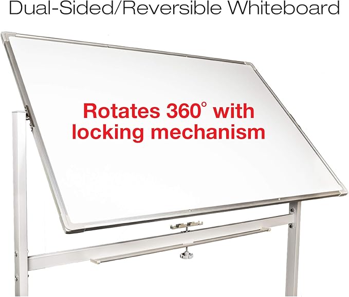Excello Global Products Large 48"x32" White Board on Wheels: 1 Reversible Magnetic Dry Erase Board with Rolling Stand, 4 Dry Erase Markers, 1 Eraser, 4 Magnets, 1 Marker Tray (White)