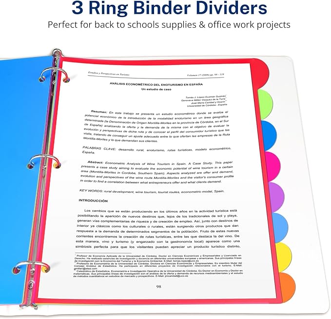 Dividers for 3 Ring Binder, 8 Tabs 16 Pcs Plastic Binder Dividers with Tabs, 3 Hole Punched Dividers Index Tab Dividers Colored Letter Size for School Office Multicolor