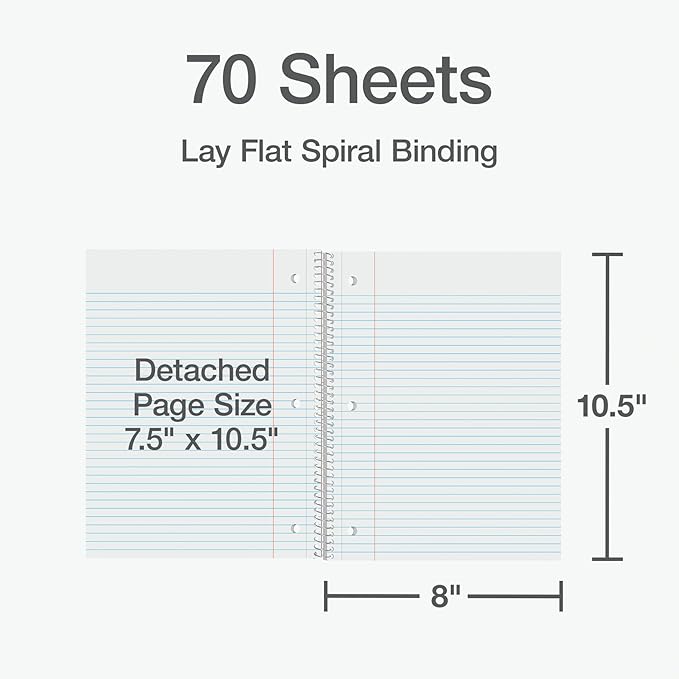 Oxford Spiral Notebooks, 3 Pack, 1 Subject, College Ruled Notebooks for School, 8 x 10.5 Inches, 70 Sheets, Assorted Pastel Colors, Back to School Supplies (1002540)