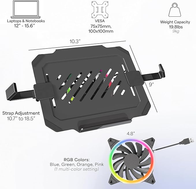 VIVO Universal Adjustable 12 to 15.6 inch Laptop Notebook Tray with RGB Fan, Fits VESA Compatible Monitor Arms, Black, STAND-LAP5F