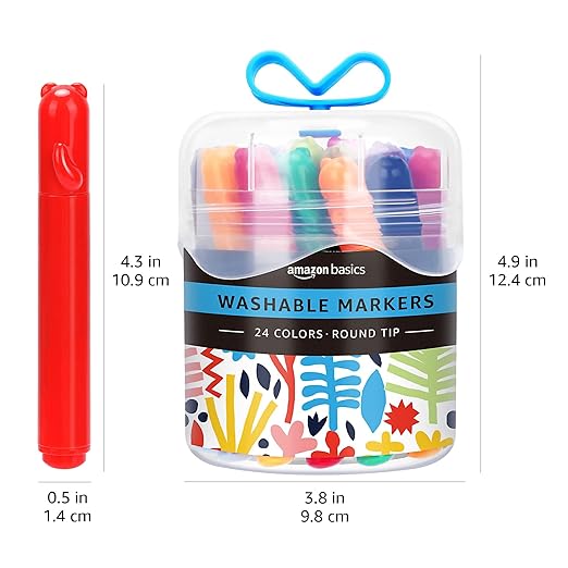 Amazon Basics Washable Markers for Kids, Round Tip Assorted Colors, Non-Toxic Drawing and Coloring School Supplies, Arts & Crafts, Pack of 24