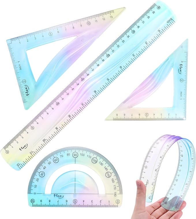 HARFINGTON 4pcs Triangular Ruler Set 30cm Plastic Flexible Straight Metric Soft Bendable Ruler Geometric Protractor Triangle Rulers for Home Office