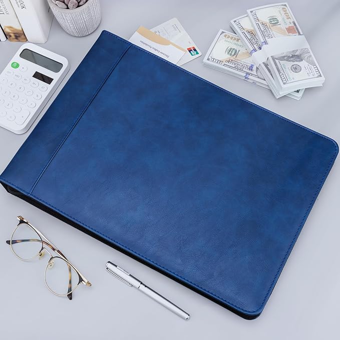 Antner Zippered 7 Ring Business Check Binder Portfolio for 3-Up Business Size Checks, PU Leather 7 Ring Checkbook Binder 600 Checks Capacity for 9" x 13" Sheets, Built-in Storage Organizer, Navy Blue
