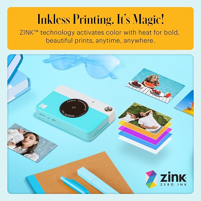 KODAK Printomatic Full-Color Instant Print Digital Camera - Colorful Photos On Zink 2x3" Sticky-Back Photo Paper - 5MP, Portable, Creative Fun Gift for Birthday, Christmas, Holiday - Blue