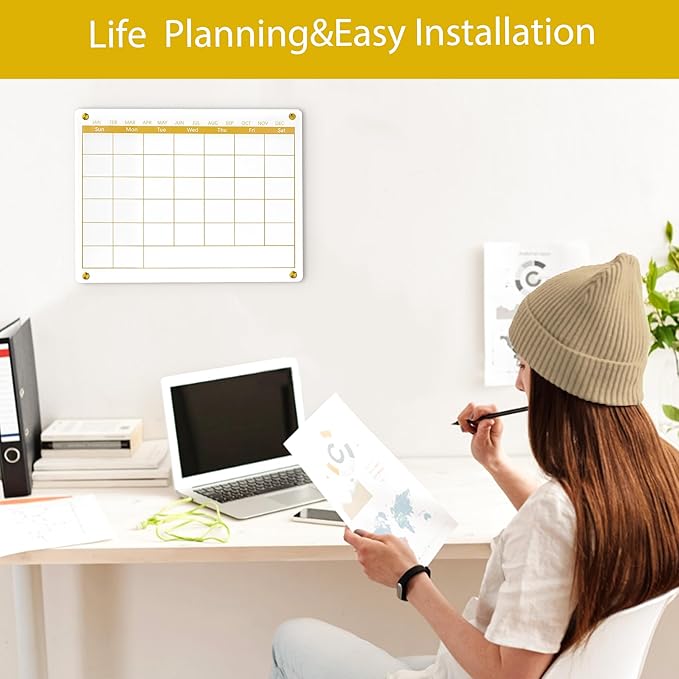 Acrylic Calendar Dry Erase Board for Wall,15.7''x11.8'', Golden Monthly Calendar Whiteboard for Home,Office, School