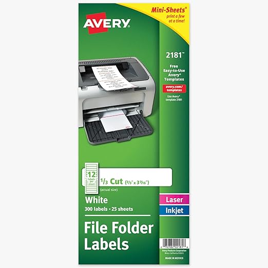 Avery Printable Mini-Sheets File Folder Labels, 2/3" x 3-7/16", Matte White, Permanent Adhesive, Laser/Inkjet Compatible, 300 Blank Stickers Total, Great for Printing a Few Labels at a Time (2181)