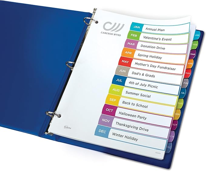 Avery Jan-Dec Dividers for 3 Ring Binders, 12 Tabs per Set, Customizable Table of Contents, Multicolor Arched Tabs, Great for Organizing Reports, Projects, and More (11847)