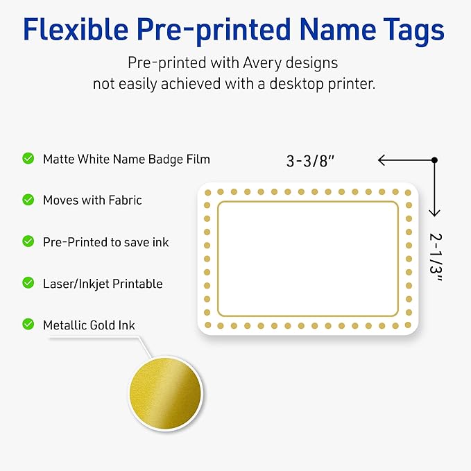 Avery Printable Rectangle Adhesive Name Tags, Gold Border Gold Dots Design, 2-1/3" x 3-3/8", Matte White Removable Name Tags, Laser/Inkjet, 80 Total, Great for Name Badges