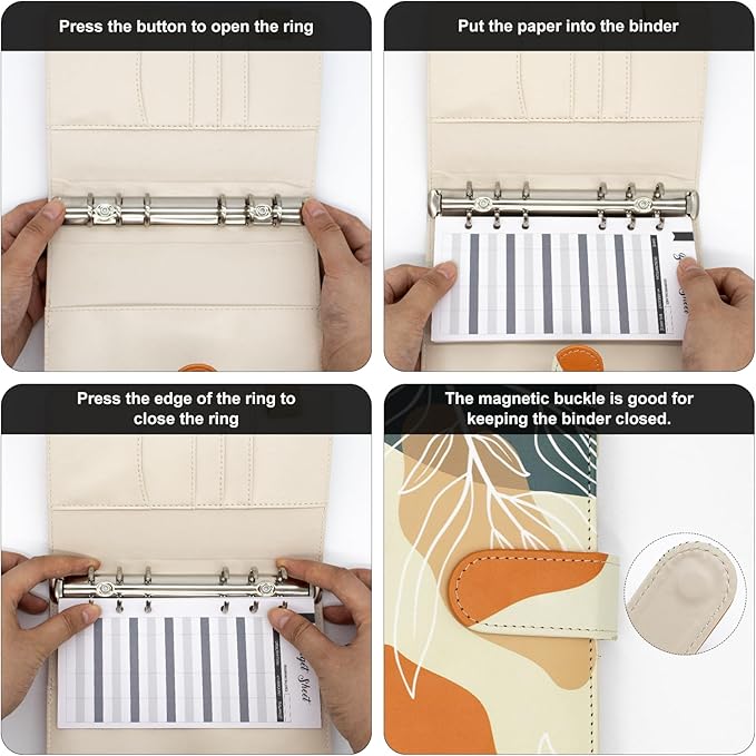A5 Refillable 6 Ring Faux Leather Budget Binder,Mini Notebook Binder Cover for A5 Filler Paper,Loose Leaf Personal Planner Cover with Magnetic Buckle Closure(White Leaves)