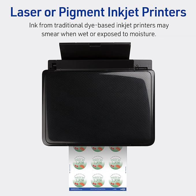 Avery Durable Waterproof Labels, Sure Feed Technology, 2" Diameter, Matte White, Laser/Pigment-Inkjet Printable, 96 Blank Labels, Great for Food Containers, Product Merchandising, and More (5657)