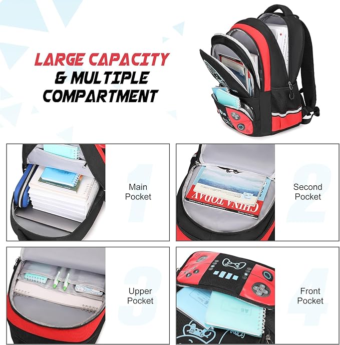 Bevalsa Backpack for School Boys, Cool Luminous Gamer Boys Backpack with Lunch Box & Pencil Pouch Set for Kids Children Teens Elementary Middle Schools, Schoolbag Bookbag Glow In The Dark (Red)