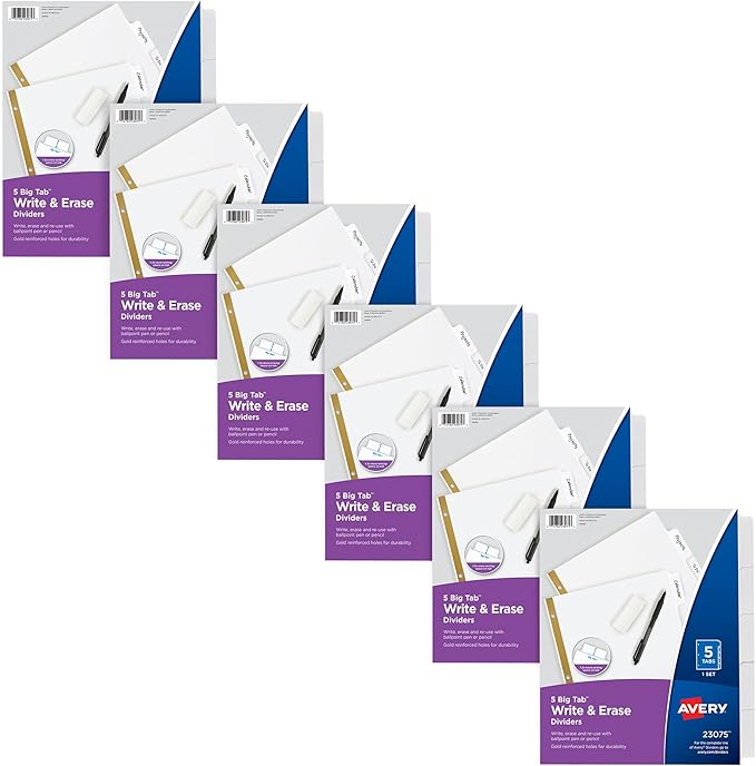 Avery Big Tab Write & Erase Dividers for 3 Ring Binders, 5-Tab Sets, 6 Binder Divider Sets (33075)