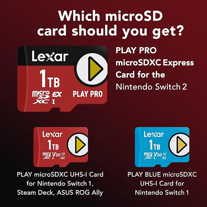 Lexar 1TB Play PRO microSD Express Card, UHS-I, C10, U3, V30, Full HD, 4K, Up to 900/600 MB/s Memory Card, Nintendo-Switch 2, ASUS ROG Ally, Steam Deck (LMSXPS0001T-BNNNU)
