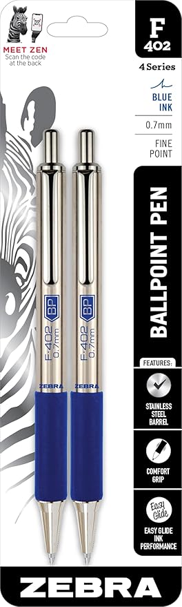 Zebra Pen, STEEL F-402 Retractable Ballpoint Pens, 0.7mm Fine Point, Blue Ink, Stainless Steel Barrel and Clip, Easy-Glide Ink, Comfort Grip, Refillable Pens for Office, School, 2-Pack (29222)