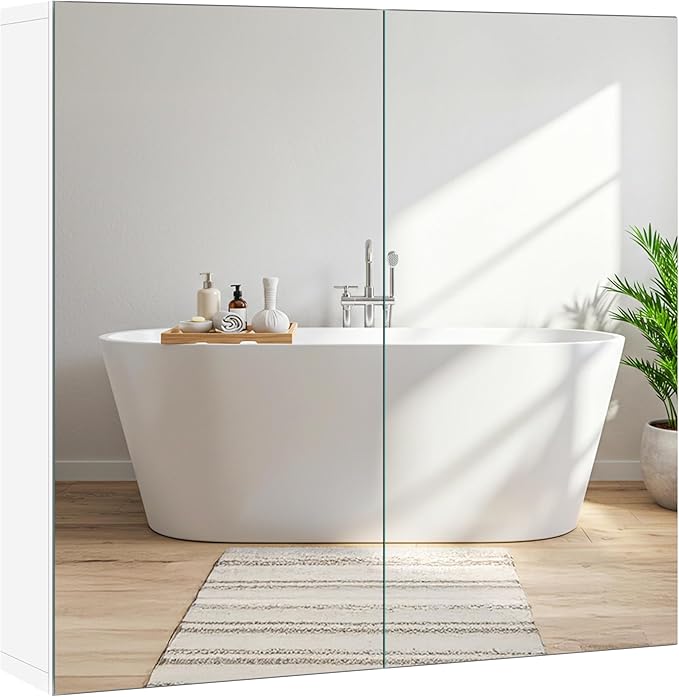 Yaheetech Bathroom Mirror Cabinet, Medicine Cabinet with 2 Frameless Mirrored Doors, Wall-Mounted Storage Cupboard with Adjustable Shelf for Living Room, Laundry Room, Mudroom