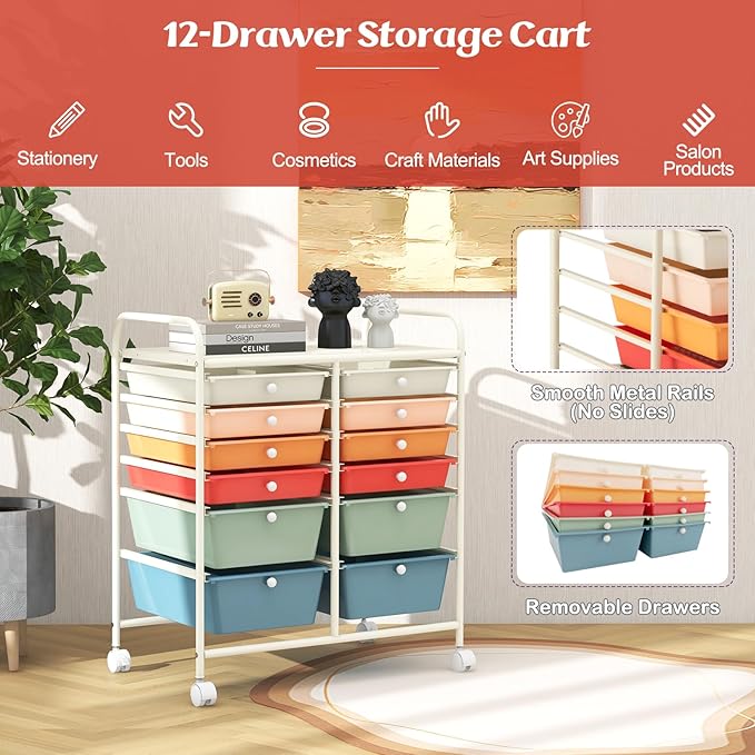 COSTWAY 12-Drawer Rolling Storage Cart, Moveable Art Craft Organizer W/Lockable Wheels, Metal Shelf, Files Arrangement Tools Makeup Storage Cart for Office, Home, School, Macaron