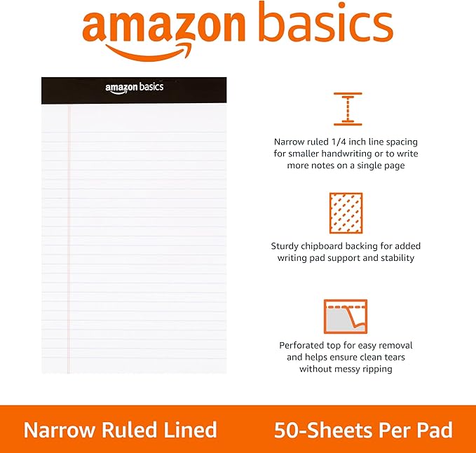 Amazon Basics Narrow Ruled Lined Writing Note Pads for Notes, Office Supplies, 5" x 8", White, 12-Pack of 50 Pages, Perforated