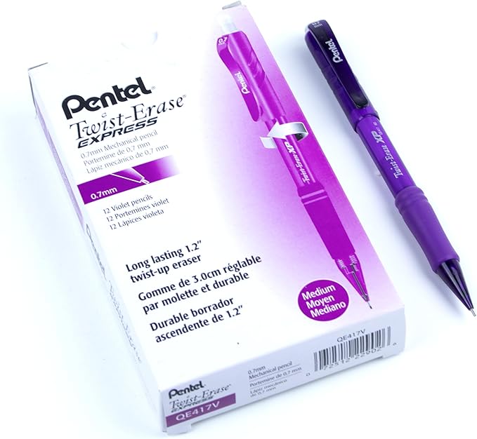 Pentel Twist Erase EXPRESS Automatic Pencil, 0.7mm Lead Size, Violet Barrel, Box of 12 (QE417V)