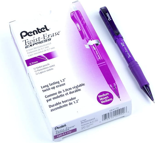 Pentel Twist Erase EXPRESS Automatic Pencil, 0.7mm Lead Size, Violet Barrel, Box of 12 (QE417V)