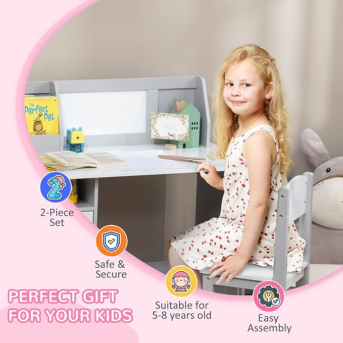 Qaba Toddler Desk and Chair Set, Kids Writing Desk Study Table for Children with Whiteboard, Storage Cabinet, Child Furniture, Art Gifts for Kids, Gray