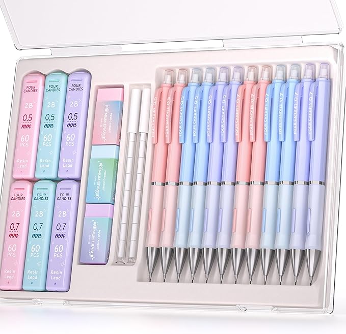 Four Candies Mechanical Pencil Set - 0.5 mm & 0.7 mm, 12PCS Cute Pencils Mechanical with 720PCS (HB & 2B) Lead Refills & 21PCS Erasers & 1PCS Storage Case, Pastel Aesthetic Lead Pencils for School