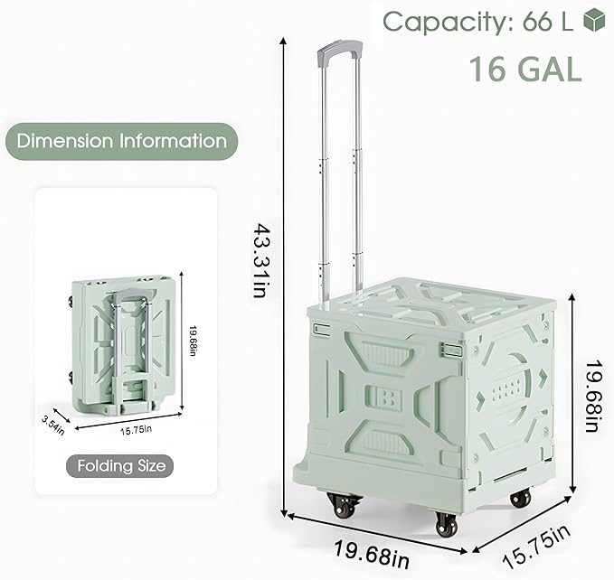 VECELO Rolling Carts with Wheels, Foldable Utility Cart, Light Weight Platform Trucks Dolly, with Recessed Design for Lids, 4 Heavy Duty Wheels, Ideal for Shopping, Camping, Teachers, Mint Green