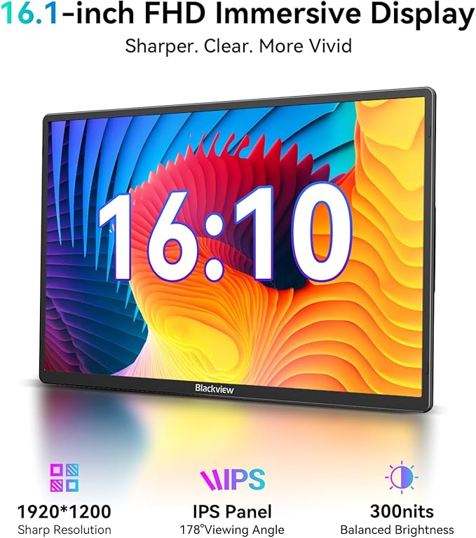 Blackview Laptop Screen Extender, 360° Rotating Detachable Stand/VESA Support, FHD 1200P IPS Portable Monitor, Plug & Play with HDMI/USB-A/Type-C, Compatible Win/Mac/Android