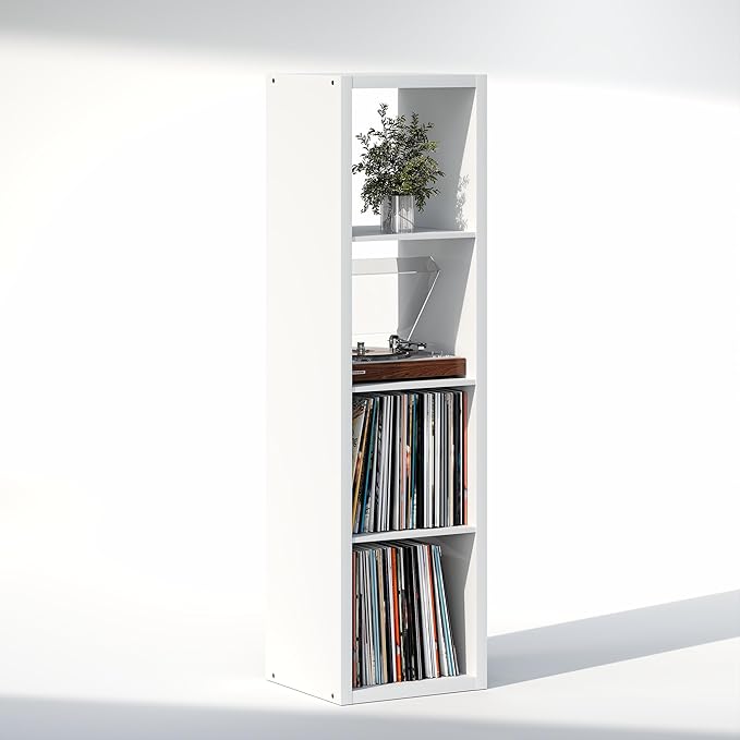 Furinno Cubicle Record Player Stand with Vinyl Storage, 4-Cube 1.2 Extra Thick Vinyl Record Storage, Open Back Media Shelf for CD DVD Blueray Game Disc, for Living Room, Home Office, White