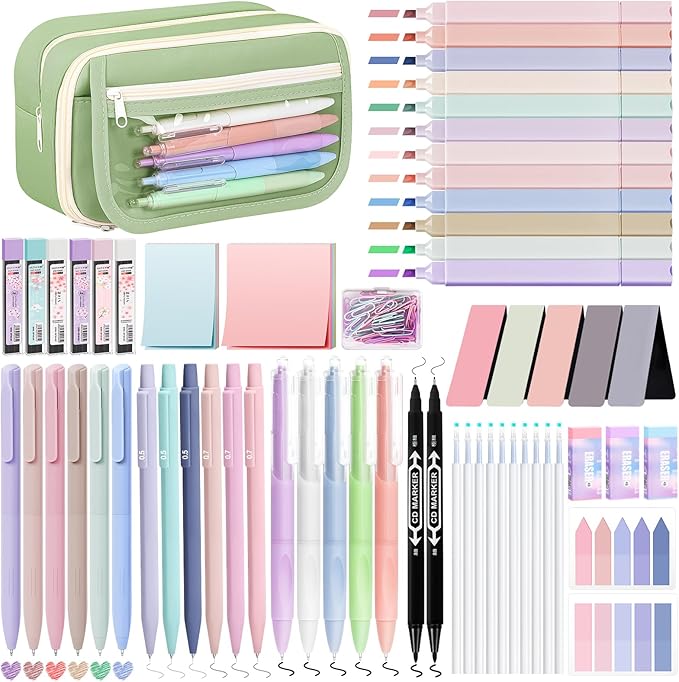 110 PCS Aesthetic School Supplies with Pen Case,12 Pastel Highlighters,5 Black Ink Gel Pens, 6 Mechanical Pencils 0.5 & 0.7mm and So on for Students Stationary College Essentials (Green)