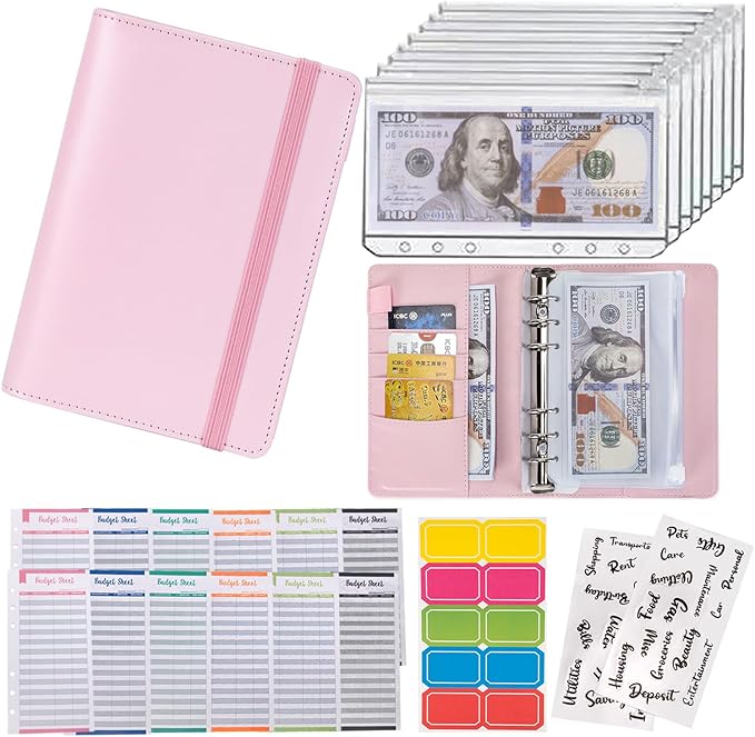 NICOOTHBudget Binder Cash Envelopes A6 Money Saving Binder with Zipper envelopes (A6 Pink)