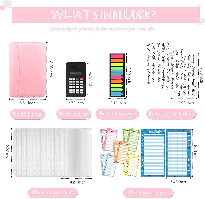 Budget Binder with Zipper Envelopes, Cash Envelopes for Budgeting, A6 PU Leather Budget Planner 2026 with Cash Envelopes Calculator, Bill Money Organizer for Cash Saving Budget System Wallet