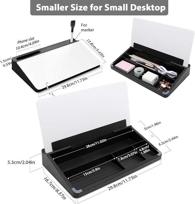 Varhomax Small Glass Desk Whiteboard, Dry Erase Desktop White Board with Storage Caddy to-do List Desk Buddy Memo Notepad for Office, School and Home Office Accessories Supplies (Black & White)