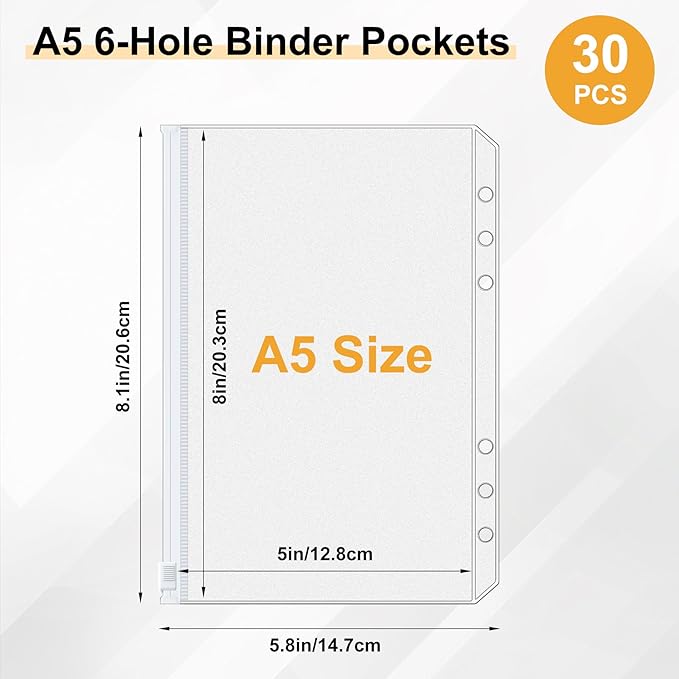 Antner 30pcs A5 Binder Pockets 6-Hole Budget Planner Inserts Cash Stuffing Envelopes for Money Organizer, White Zipper Pouch Folders Waterproof PVC Loose Leaf Filling Bags for A5 6-Ring Savings Binder