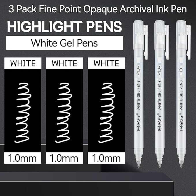 PANDAFLY White Gel Pens, 1mm Fine Point Opaque Archival Ink Pen for Journaling, Art, or Drawing - For Artist Gifts, Holiday Gifts & DIY Projects, 3 Pack