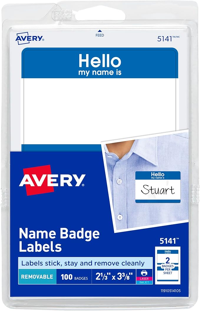 Avery Customizable Name Tags, Hello My Name is, White, Blue Border, Removable Adhesive, Laser/Inkjet Printable, 100 Total (5141)