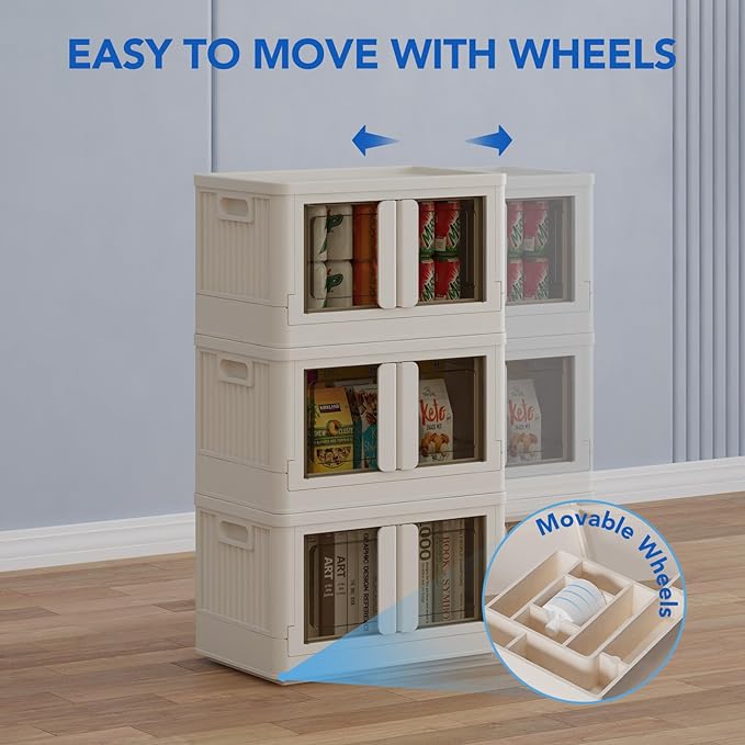FLEXIMOUNTS 75 QT Stackable Storage Bins With Lids, Collapsible Plastic Storage Bins, Closet Organizers and Storage Containers with Doors and Built-in Wheels For Home, 2 Pack Cubes, Milky White