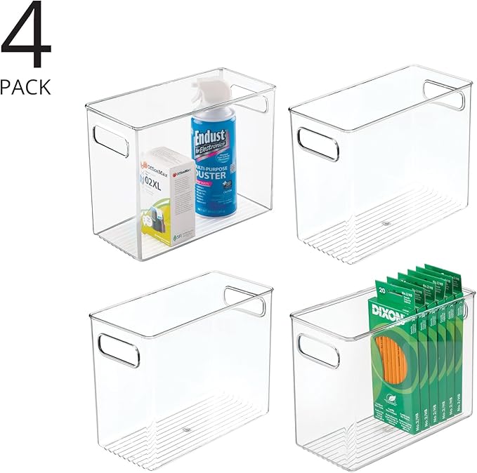 mDesign Tall Plastic Storage Organizer Container Bin, Office Organization for Filing Cabinet, Cupboard, Shelves, and Desk - Holds Notepads, Pens, Pencils, Highlighters, Ligne Collection, 4 Pack, Clear